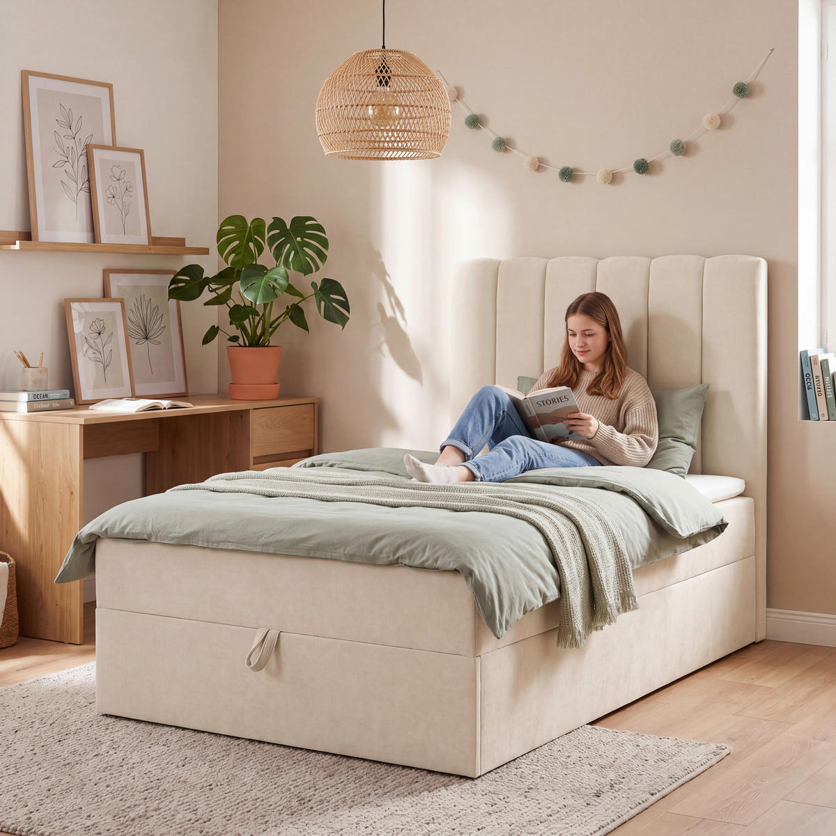 BOXBETT 100/200 cm,  in Beige, Matratze, gepolstertes Kopfteil, Bettkasten, Topper, H3 = fest  - Beige/Schwarz, Basics, Kunststoff/Textil (100/200cm) - Chameo