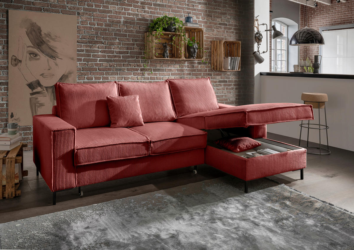 ECKSOFA Koralle Cord  - Koralle/Schwarz, MODERN, Textil/Metall (240/150cm) - Livetastic
