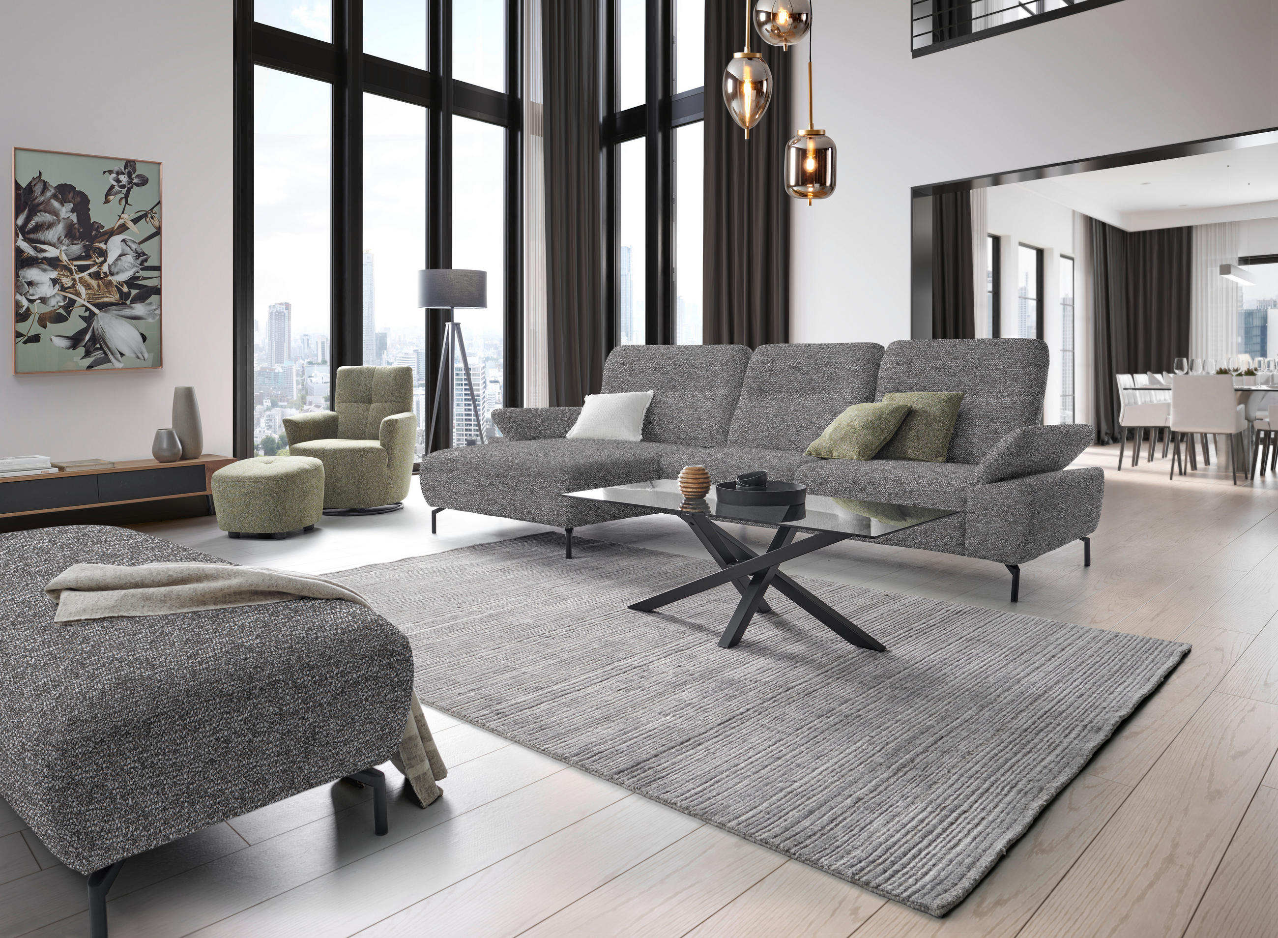 ECKSOFA in Chenille, Flachgewebe Grau  - Schwarz/Grau, Design, Textil/Metall (165/318cm) - Xora