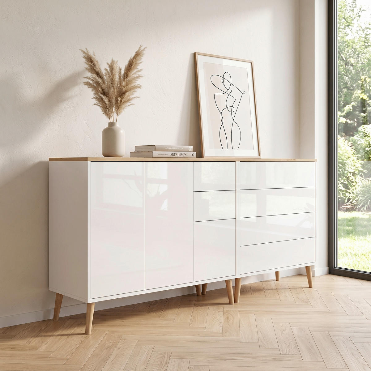 SIDEBOARD Mailand Set 9 + HF 184,5/86/33 cm 6 Schublade(n)  - Weiß Hochglanz/Eiche Artisan, MODERN, Holz/Holzwerkstoff (184,5/86/33cm) - MID.YOU