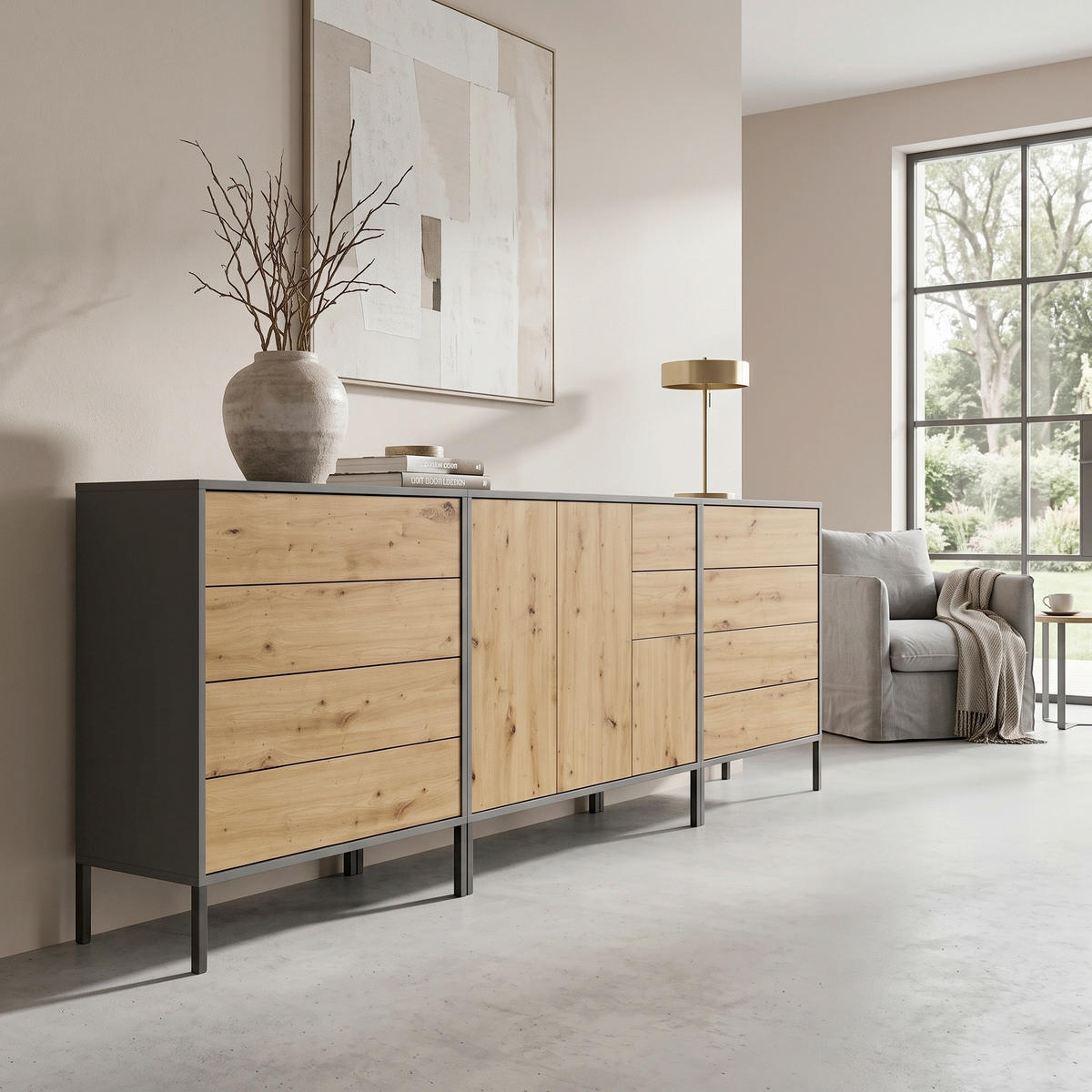 SIDEBOARD   - Anthrazit/Eiche Artisan, MODERN, Holzwerkstoff/Metall (263,5/86/33cm) - MID.YOU