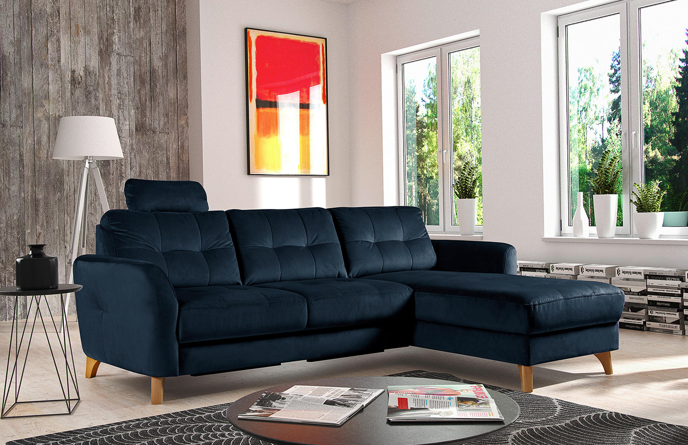 ECKSOFA Dunkelblau Samt  - Buchefarben/Dunkelblau, Design, Holz/Textil (238/168cm) - Livetastic