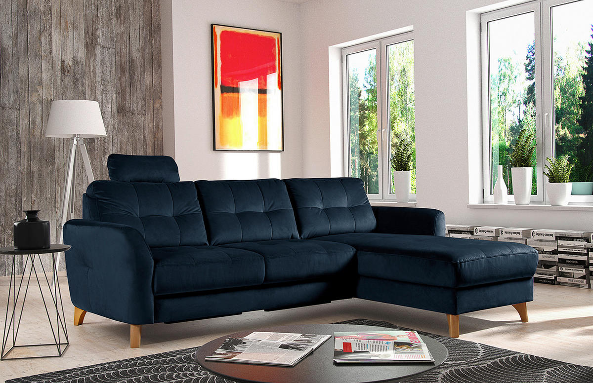 ECKSOFA Dunkelblau Samt  - Buchefarben/Dunkelblau, Design, Holz/Textil (238/168cm) - Livetastic