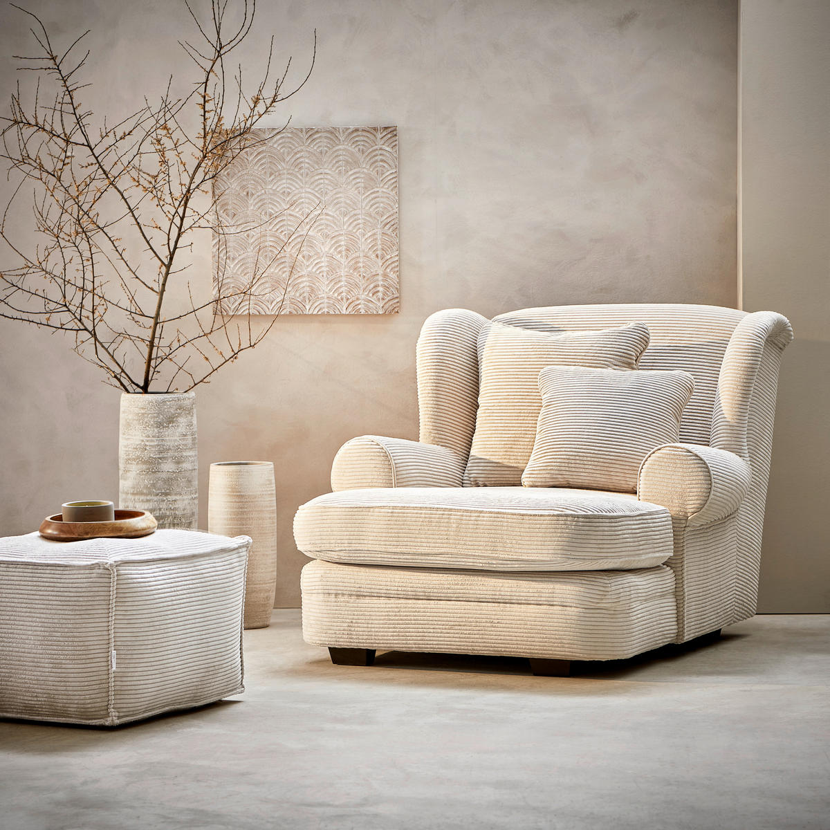 XXL-SESSEL Cord Naturfarben    - Beige/Dunkelbraun, Design, Holz/Textil (121/100/140cm) - Ambia Home