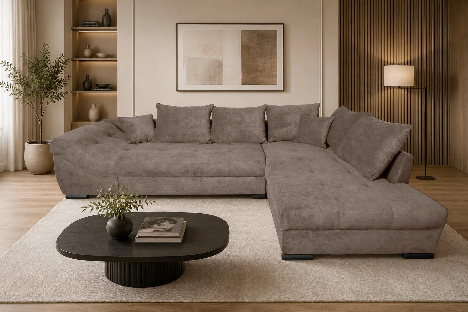 ECKSOFA ATLANTA Braun Struktur Liegefläche im Originalstoff  - Schwarz/Braun, Design, Textil/Metall (298/202cm) - MID.YOU
