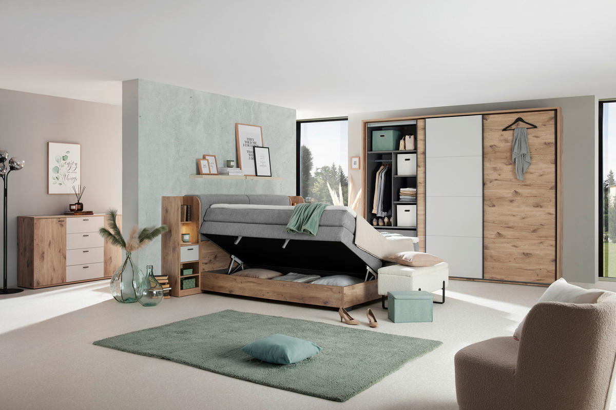 POSTELJA BOXSPRING 180 cm   x 200 cm  , leseni material barve hrasta, svetlo siva  - barve hrasta/barve grafita, Trendi, umetna masa/tekstil (180/200cm) - Xora