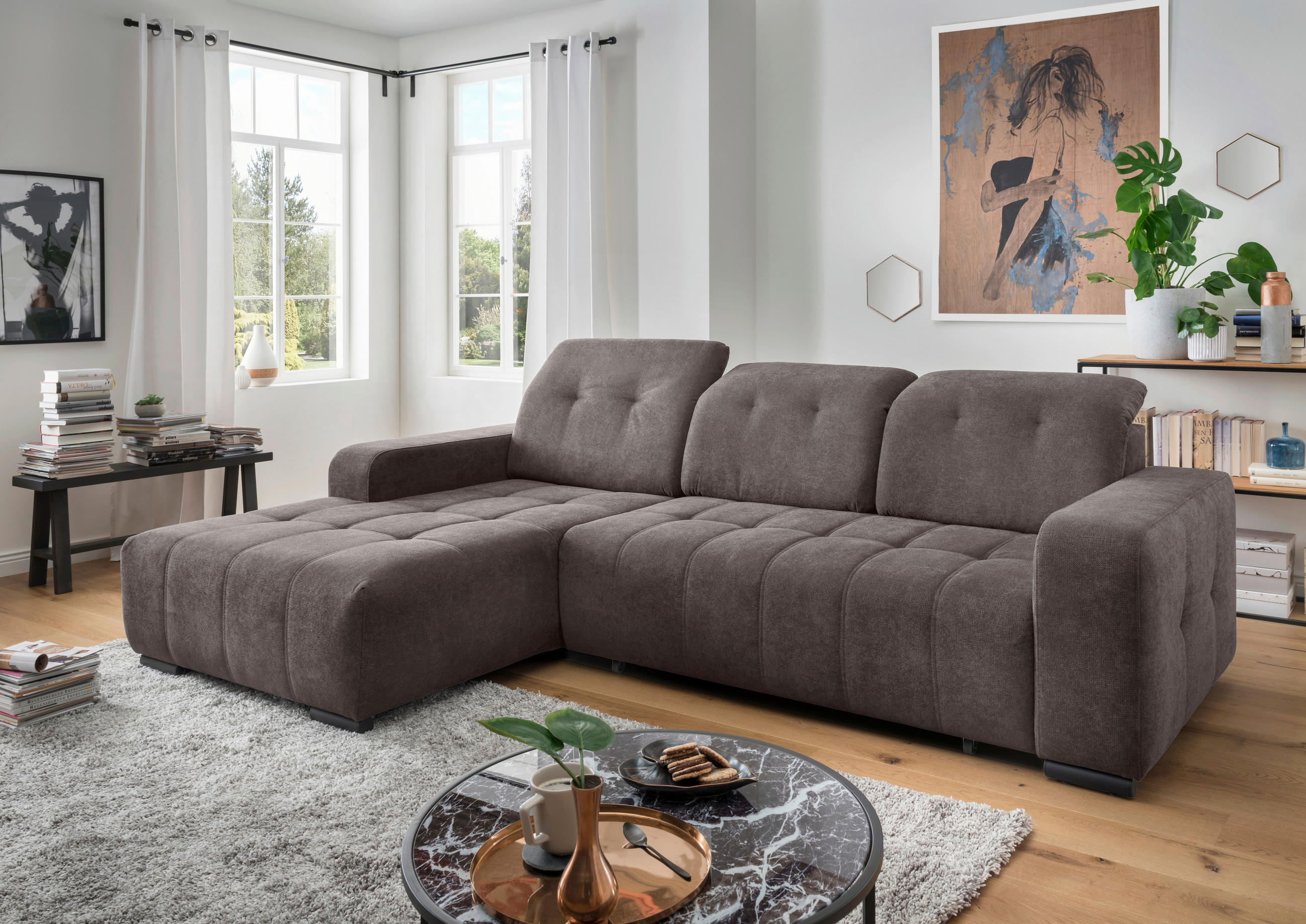 ECKSOFA VICARI Braun Mikrofaser Kopfteilverstellung, Sitzvorzug  - Schwarz/Braun, MODERN, Textil/Metall (185/292cm) - Livetastic