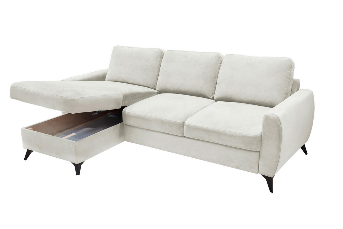 ECKSCHLAFSOFA JEFFREY Mikrovelours Creme  inkl. Rückenkissen, Stauraum, Zierkissen  - Taupe/Creme, KONVENTIONELL, Textil/Metall (230/150cm) - Livetastic