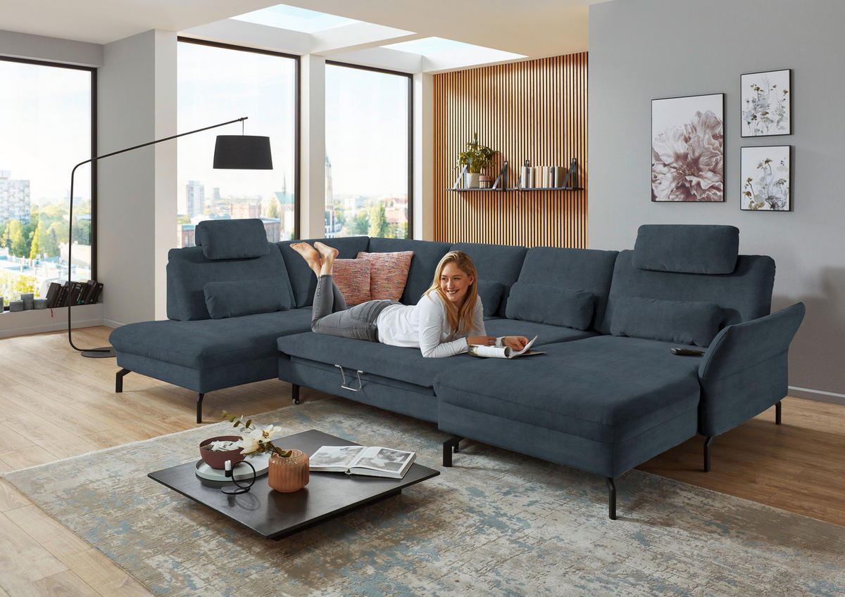 WOHNLANDSCHAFT in Velours Blaugrau  - Blaugrau/Schwarz, Design, Textil/Metall (220/335/179cm) - Beldomo System
