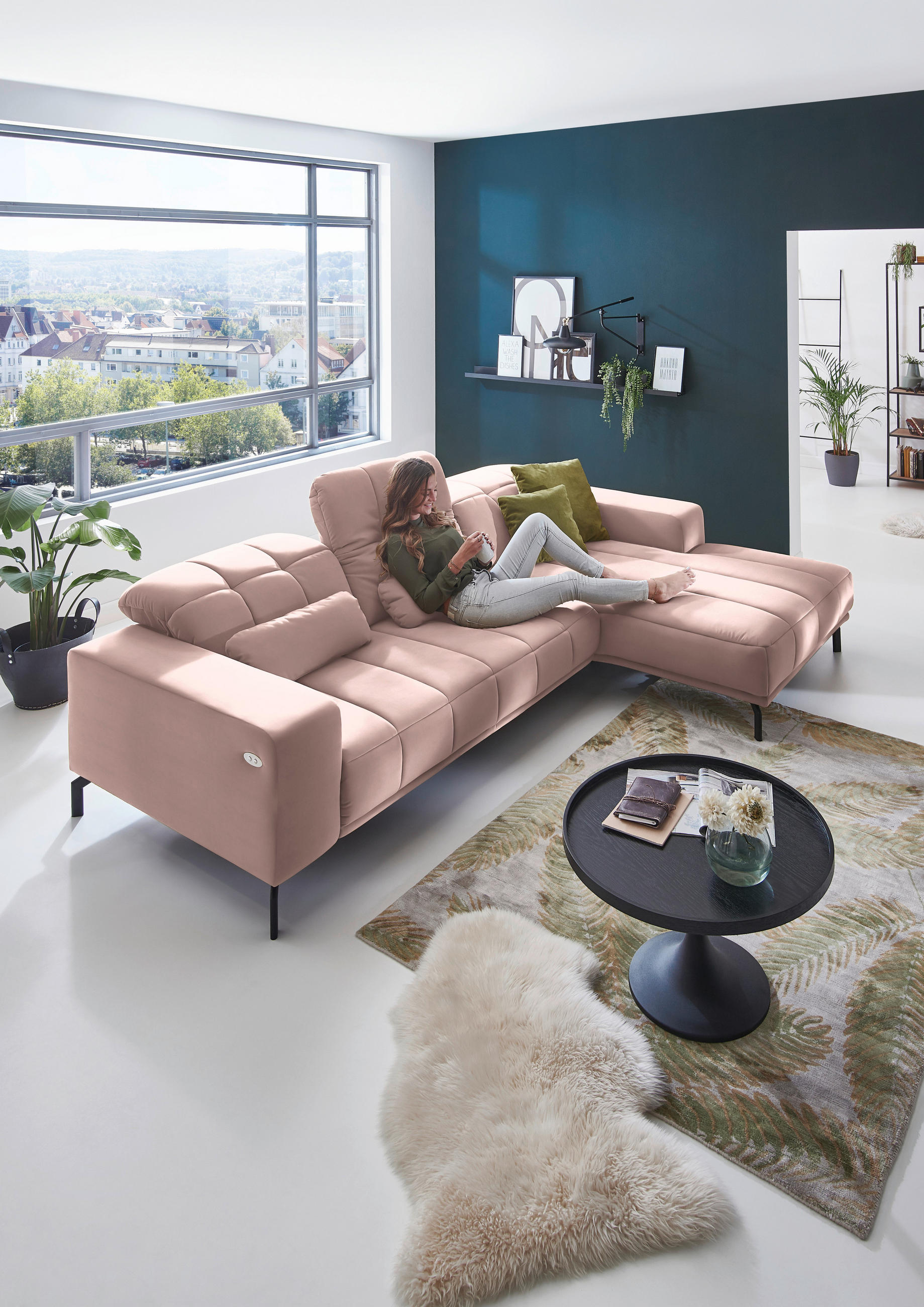 ECKSOFA in Velours Rosa  293/195 cm  - Schwarz/Rosa, Design, Textil/Metall (293/195cm) - Beldomo Style