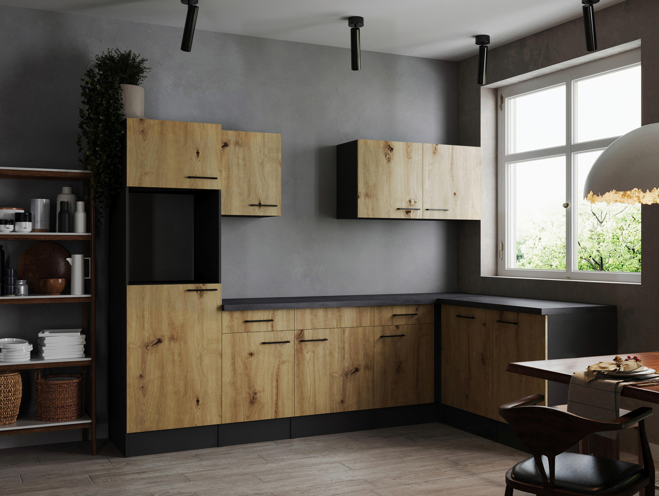HÖRNKÖK 280/172 cm  i ek Artisan  - svart/grå, Design, metall/trämaterial (280/172cm) - Respekta
