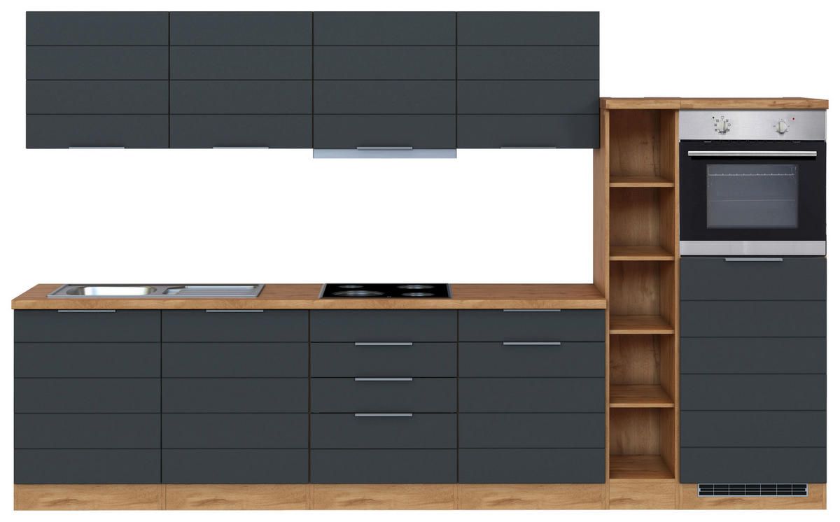 KÜCHENBLOCK 330 cm   in Grau, Eiche Wotan  - Eiche Wotan/Grau, Design, Holzwerkstoff/Metall (330cm) - Held