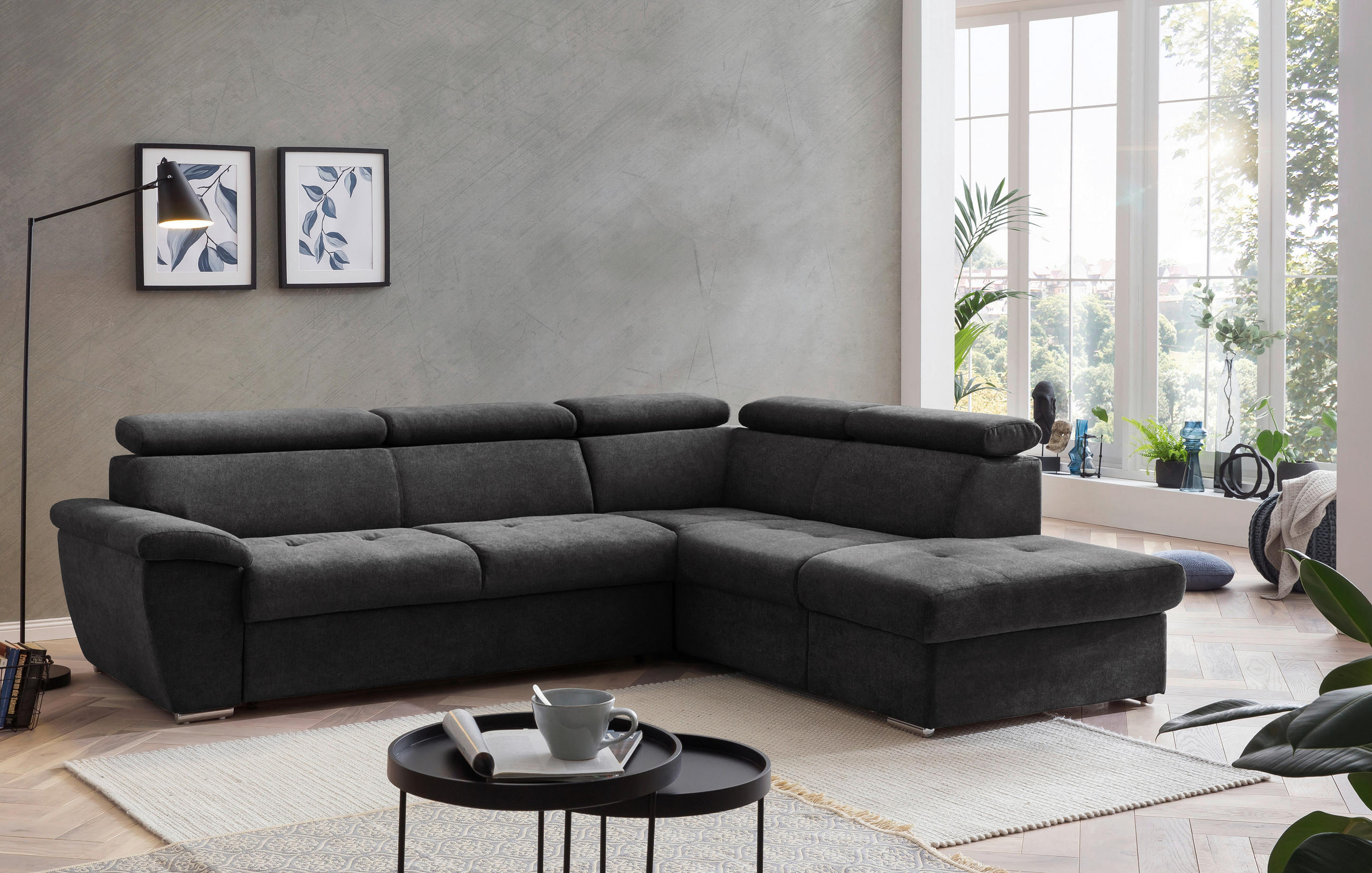 ECKSOFA in Mikrofaser Schwarz  - Chromfarben/Schwarz, Design, Textil/Metall (262/216cm) - Livetastic