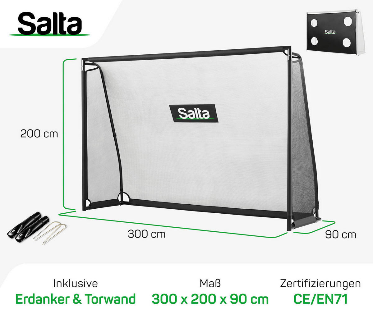 FUßBALLTOR - Schwarz, KONVENTIONELL, Kunststoff/Metall (300/200/90cm) - Salta