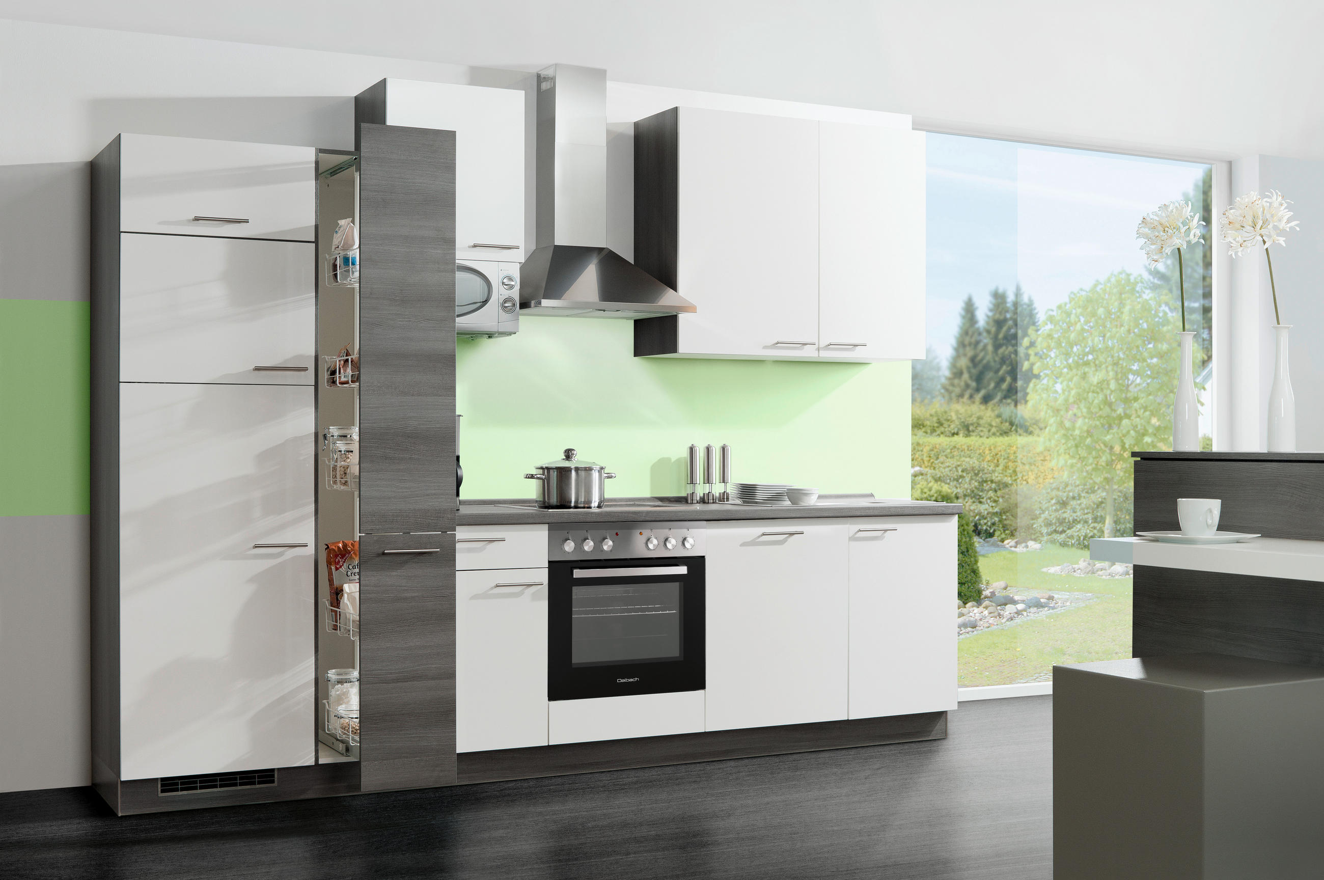 KÜCHENBLOCK 310 cm   in Weiß, Eiche grau  - Edelstahlfarben/Eiche grau, Design, Holzwerkstoff/Metall (310cm) - Welnova
