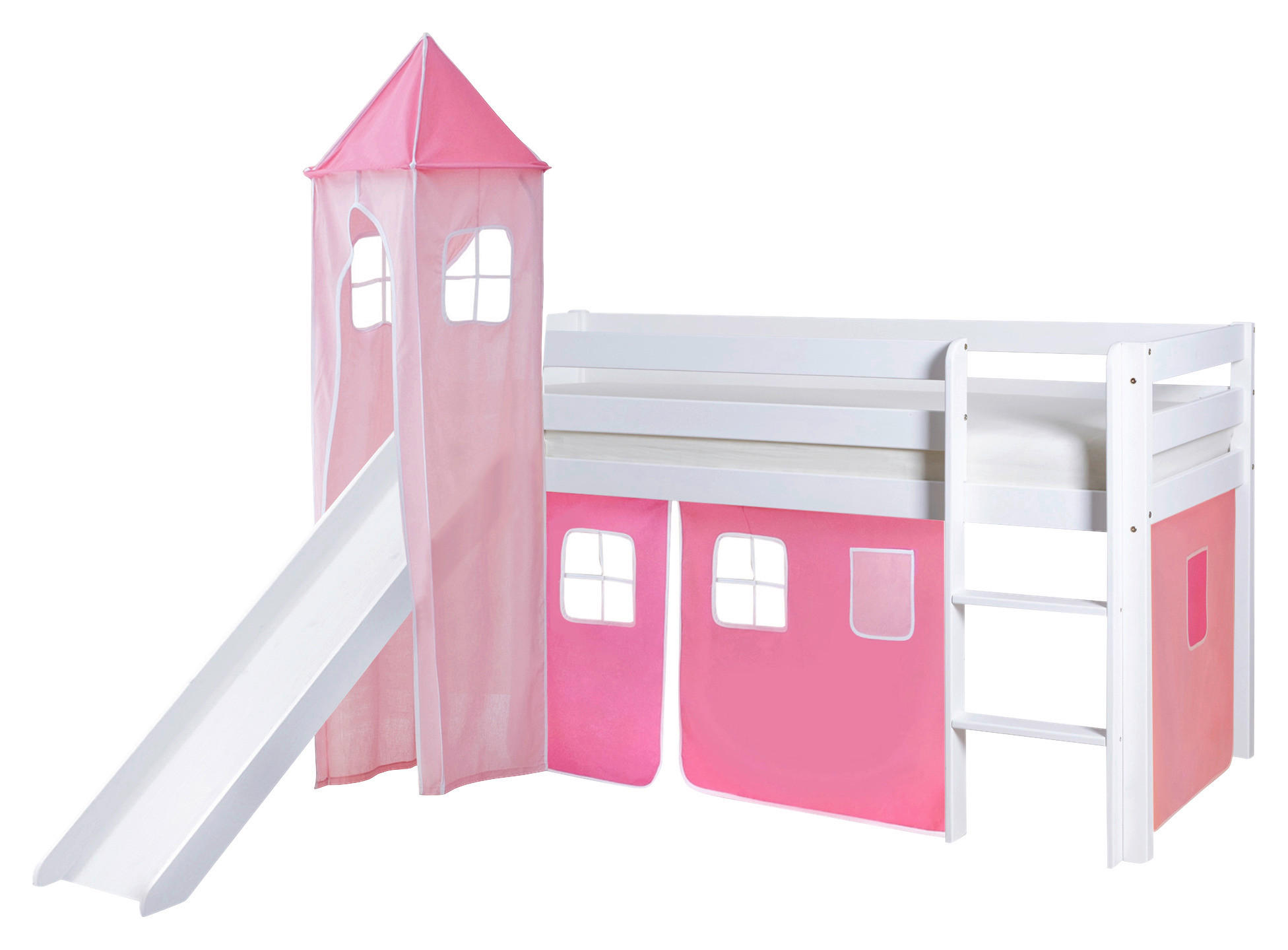 SPIELBETT Absturzsicherung, Leiter, Rutsche, Turm, Vorhang 90/200 cm  in Rosa, Weiß, Hellrosa  - Hellrosa/Rosa, Natur, Holz (90/200cm) - MID.YOU