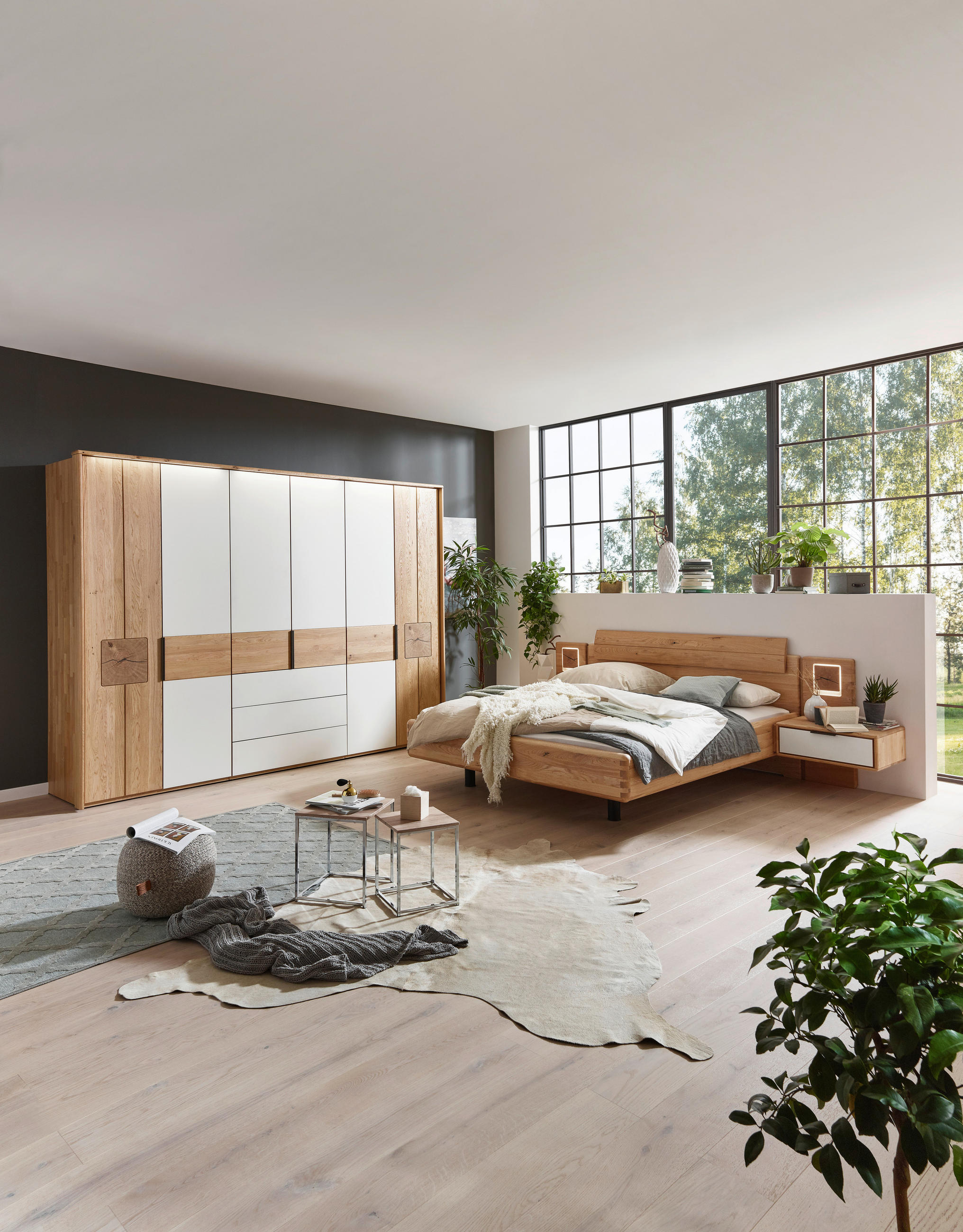 SCHLAFZIMMER Eichefarben, Magnolie - Eichefarben/Magnolie, Design, Glas/Holz (180/200cm) - Valnatura