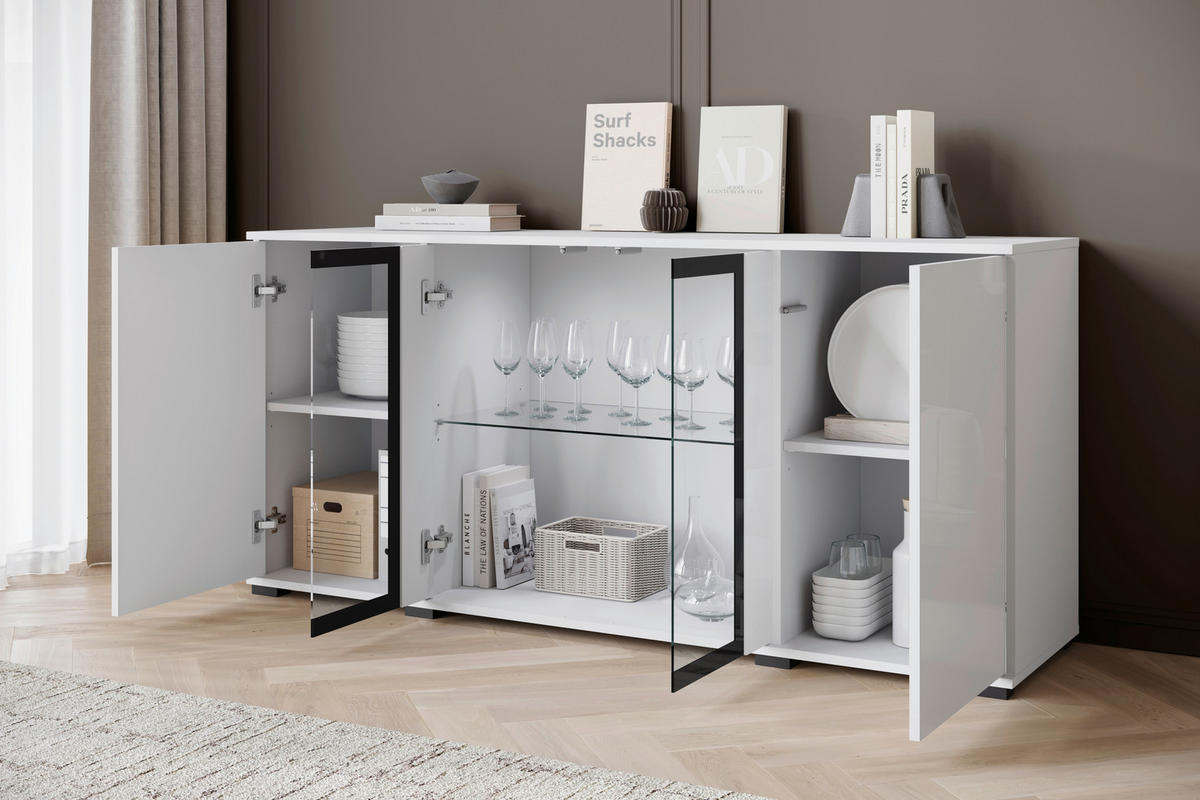 SIDEBOARD 150/69,7/39,5 cm  in Weiss, Weiss Hochglanz  - Weiss Hochglanz/Weiss, Design, Glas/Holzwerkstoff (150/69,7/39,5cm) - Livetastic
