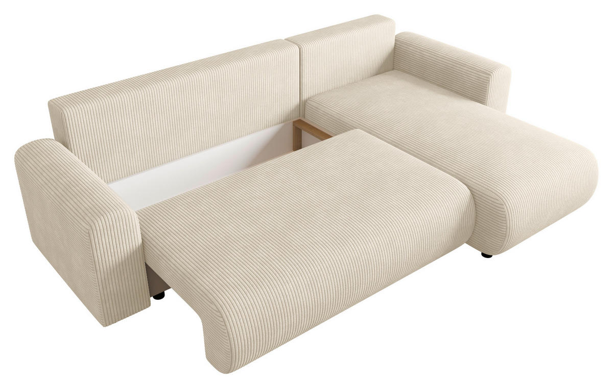 ECKSOFA Creme Cord Zierkissen, Rückenkissen, Schlaffunktion, Rücken echt, Stauraum, Liegefläche im Originalstoff  - Creme/Schwarz, KONVENTIONELL, Kunststoff/Textil (246/152cm) - Xora