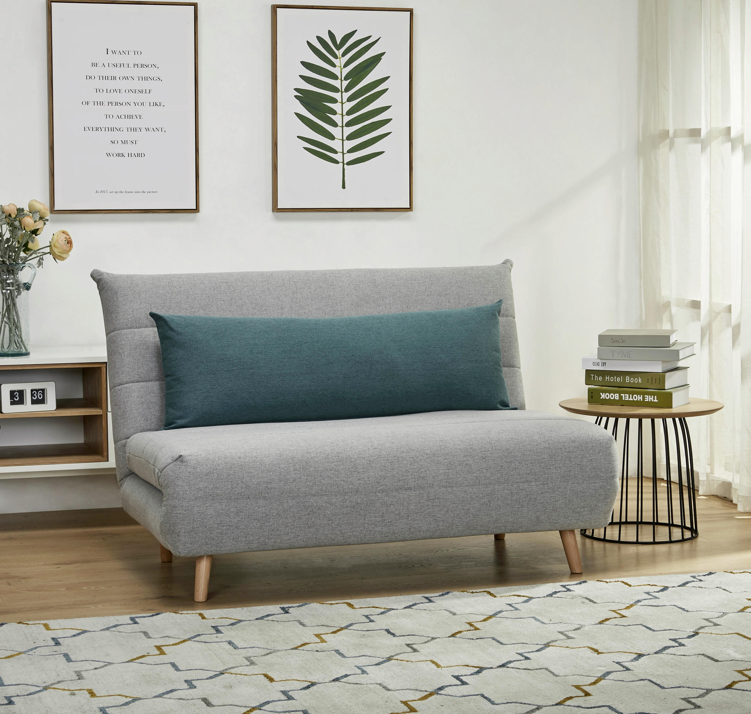 SCHLAFSOFA Webstoff Grau - Blau/Naturfarben, MODERN, Holz/Kunststoff (125/84/91cm) - Livetastic
