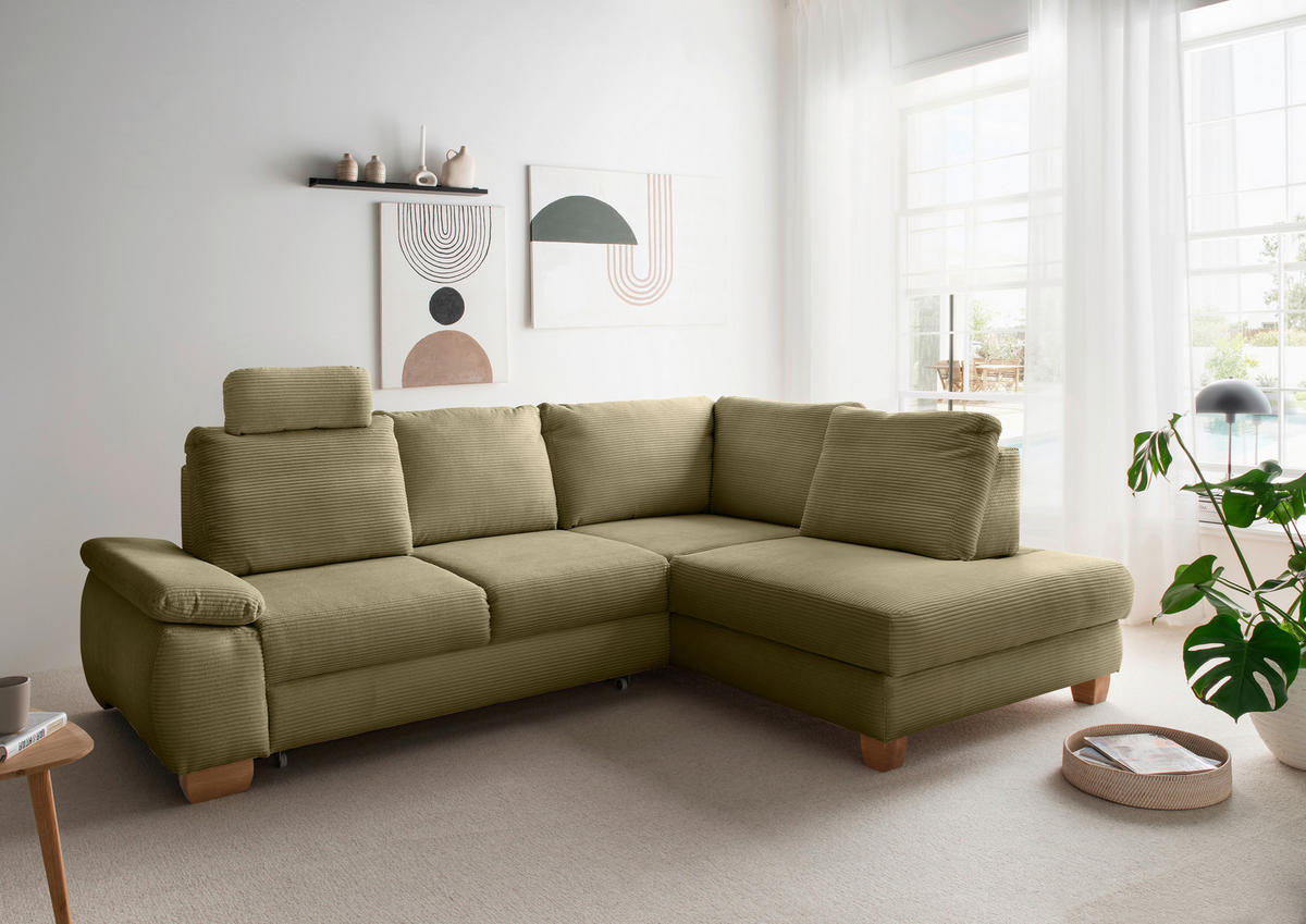 ECKSCHLAFSOFA in Cord Olivgrün  - Wildeiche/Olivgrün, MODERN, Holz/Textil (261/206cm) - Livetastic