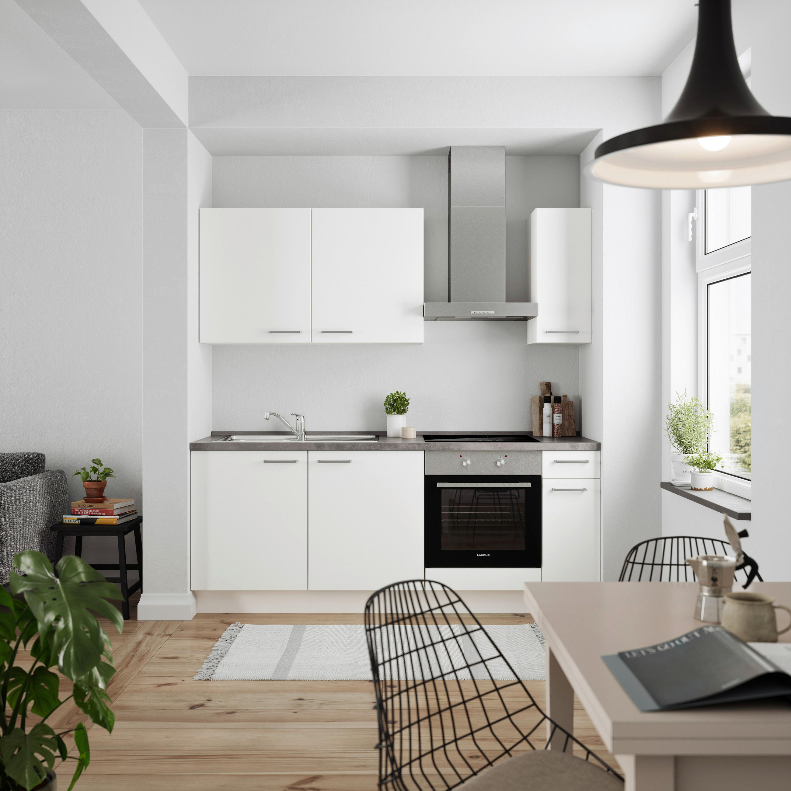 KÜCHENBLOCK 210 cm   in Weiß, Schieferfarben  - Schieferfarben/Edelstahlfarben, MODERN, Holzwerkstoff/Metall (210cm) - Nobilia