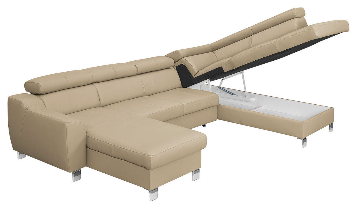 WOHNLANDSCHAFT in Lederlook Echtleder Beige  - Chromfarben/Beige, Design, Leder/Textil (175/315/208cm) - Livetastic