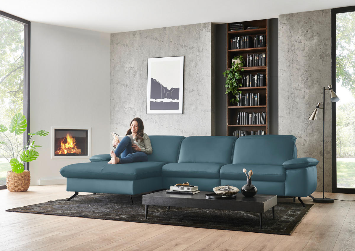 ECKSOFA  Echtleder Blau  - Blau/Schwarz, Design, Leder/Metall (169/307cm) - Beldomo Premium