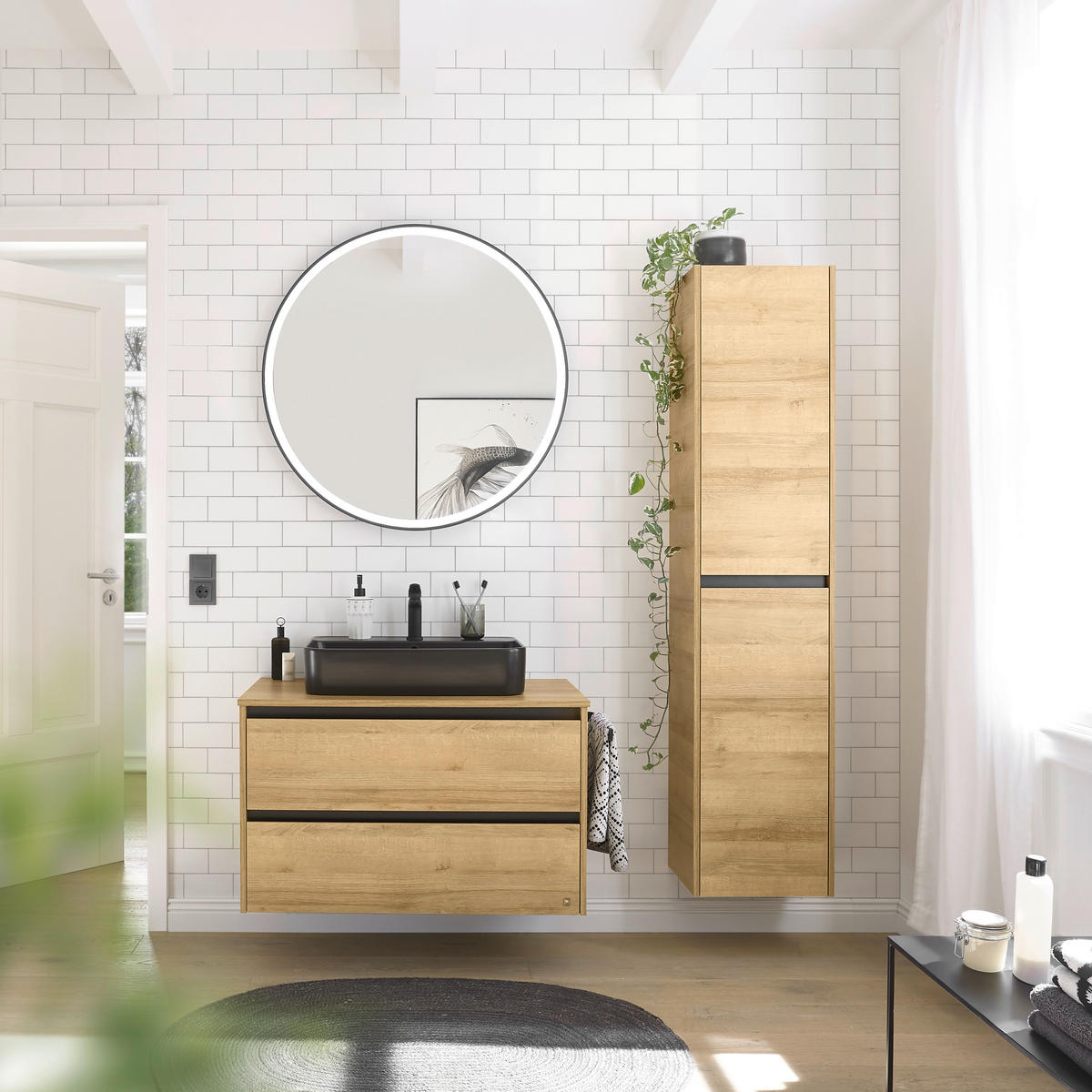 BADEZIMMER 3-teilig  in 91 cm  - Eichefarben/Schwarz, Design, Keramik/Holzwerkstoff (91cm) - Musterring