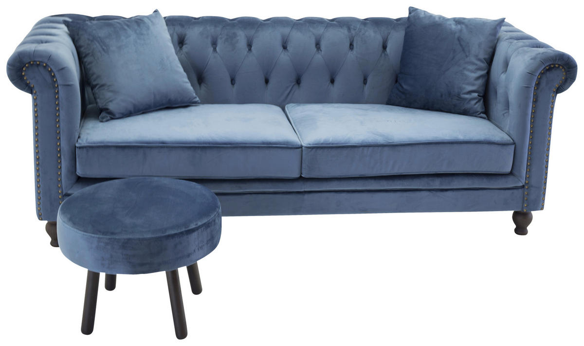 CHESTERFIELDSOFFA i sammet blå  - blå, Design, metall/textil (217/80/88cm) - Livetastic
