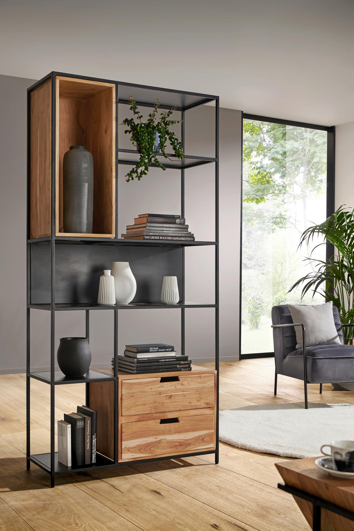 REGAL Akazie massiv Schwarz, Akaziefarben  - Schwarz/Akaziefarben, LIFESTYLE, Holz/Metall (90/185/34cm) - Landscape