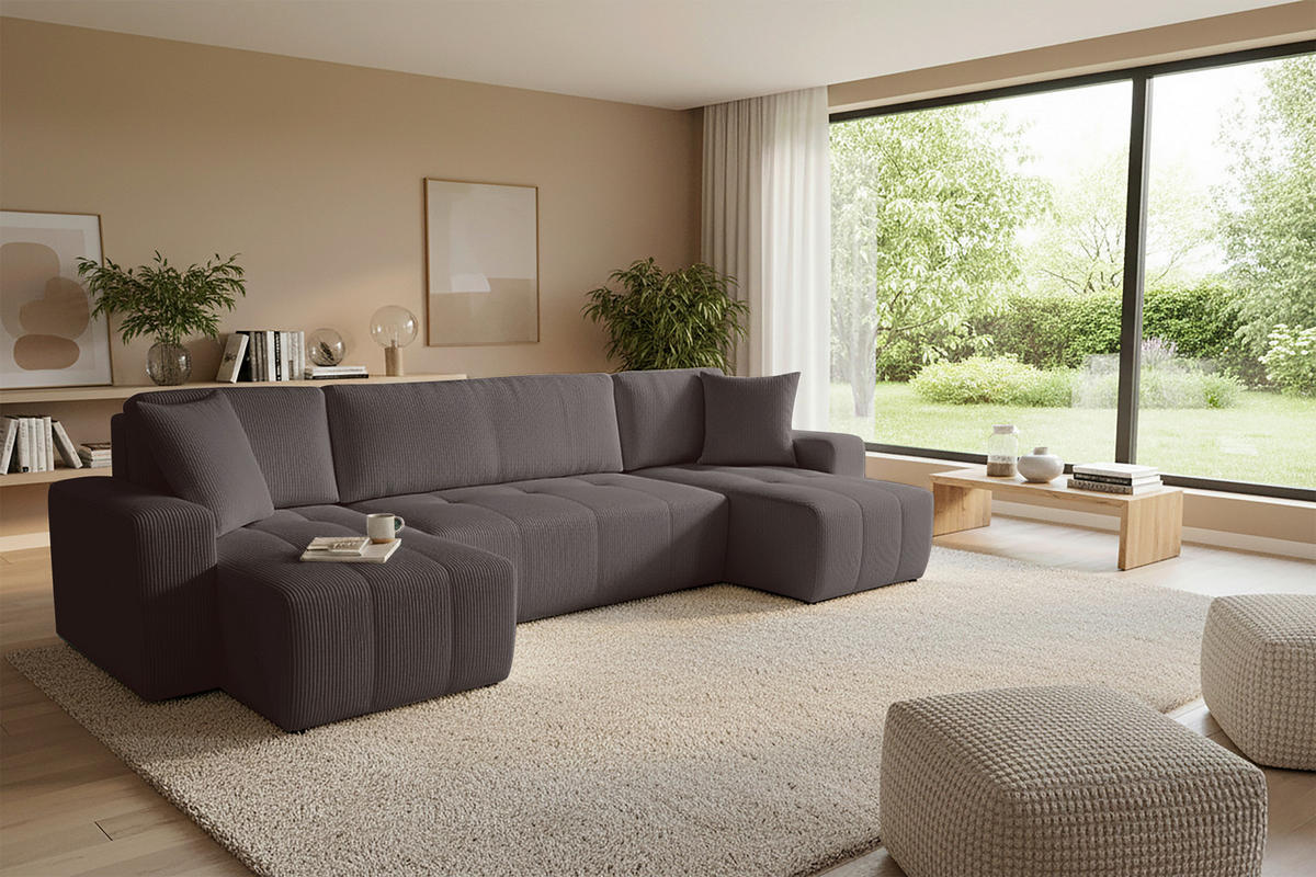 Wohnlandschaft inkl. Funktion Anthrazit Cord  - Anthrazit/Schwarz, KONVENTIONELL, Textil (146/317/146cm) - Xora