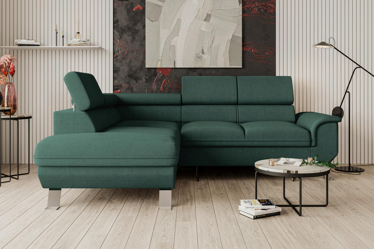 ECKSOFA Dunkelgrün Struktur  - Dunkelgrün/Silberfarben, KONVENTIONELL, Textil/Metall (207/268cm) - Carryhome