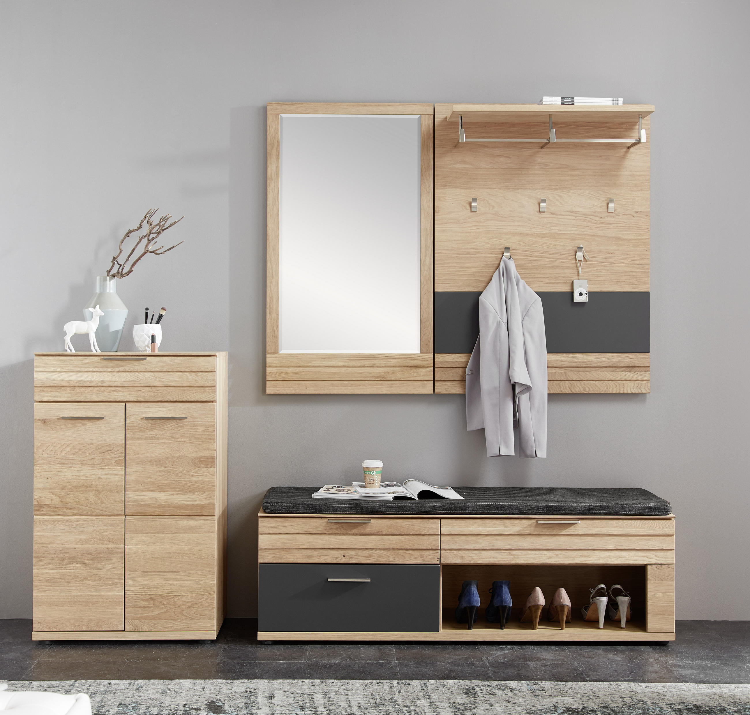 GARDEROBE Graphitfarben, Eichefarben - Eichefarben/Graphitfarben, Natur, Holz/Textil