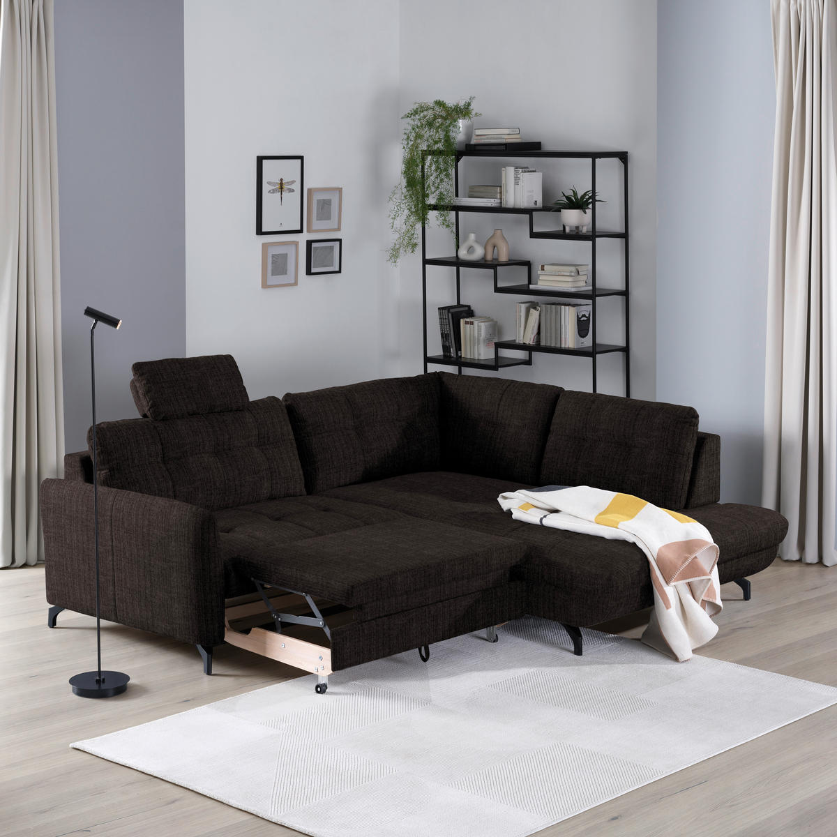 ECKSOFA in Flachgewebe, Leinenoptik Dunkelbraun  247/208 cm  - Dunkelbraun/Schwarz, MODERN, Textil/Metall (247/208cm) - Xora