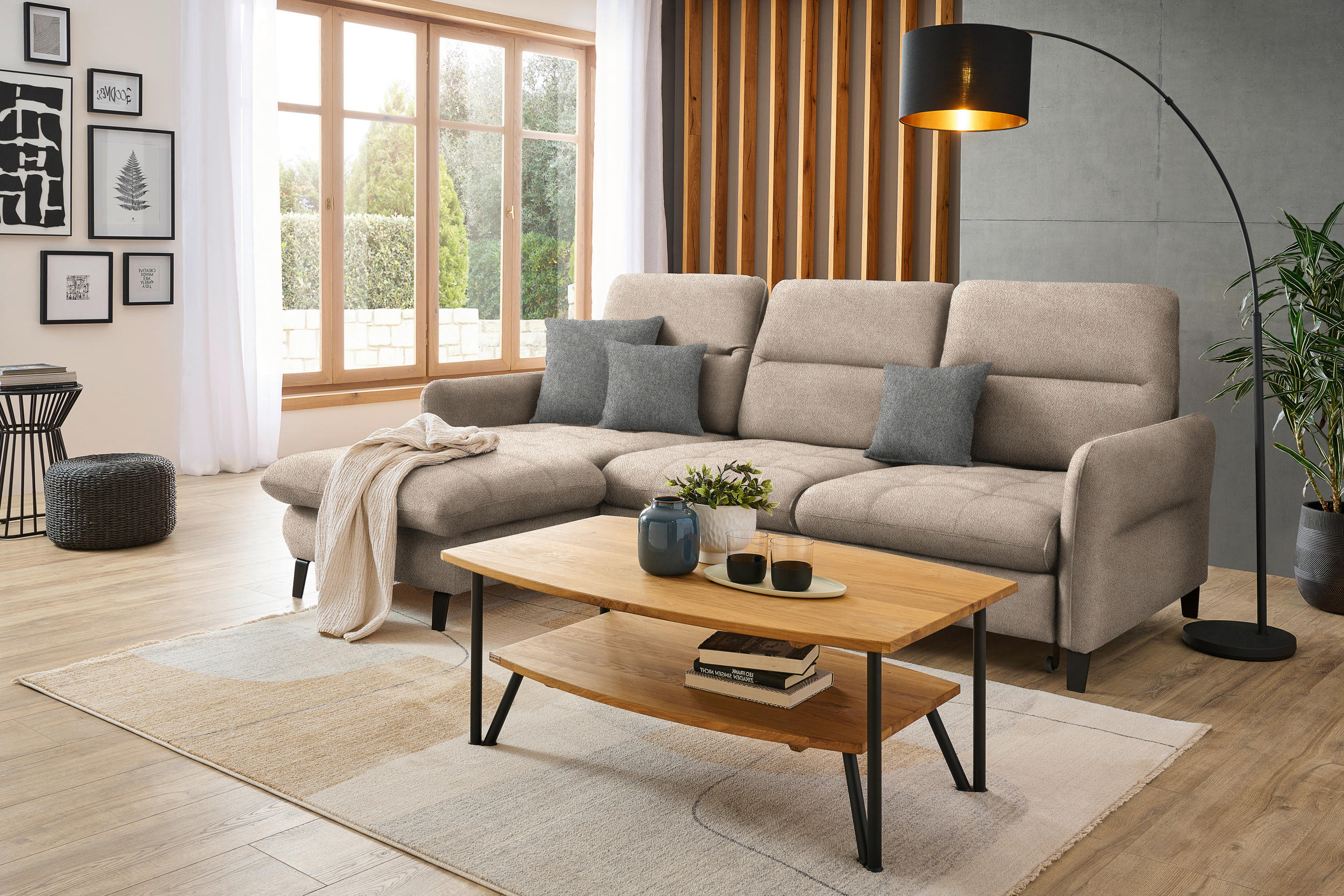 ECKSOFA Beige Flachgewebe  - Beige/Schwarz, KONVENTIONELL, Textil/Metall (190/254cm) - Livetastic