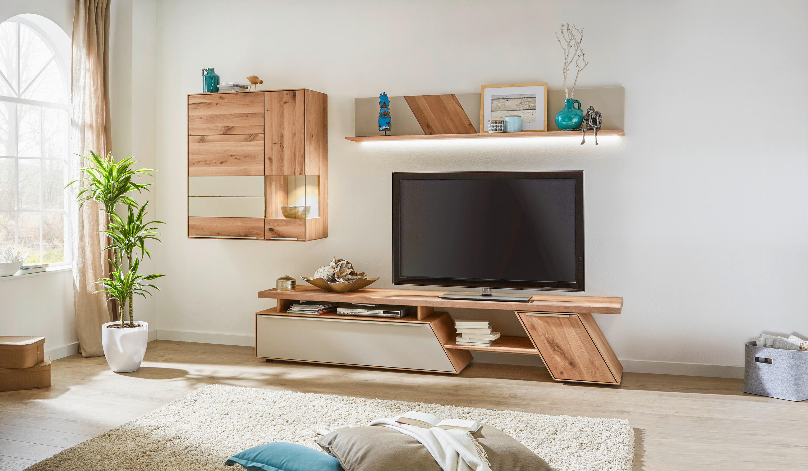 WOHNWAND Sonia  in Schlammfarben, Eichefarben  297/185/54 cm  - Schlammfarben/Eichefarben, Natur, Glas/Holz (297/185/54cm) - Valnatura