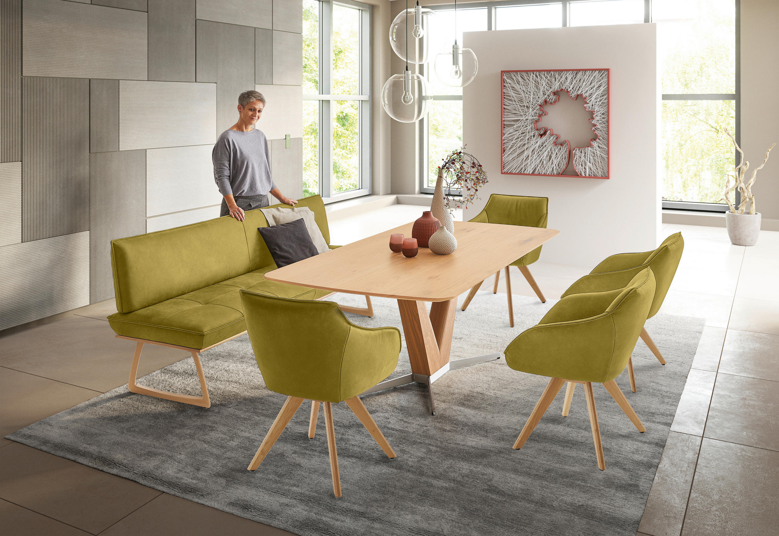 SITZBANK 214/88/66 cm Echtleder Hellgrün, Wildeiche Wildeiche furniert, massiv Holz  - Wildeiche/Eichefarben, Design, Leder/Holz (214/88/66cm) - Koinor