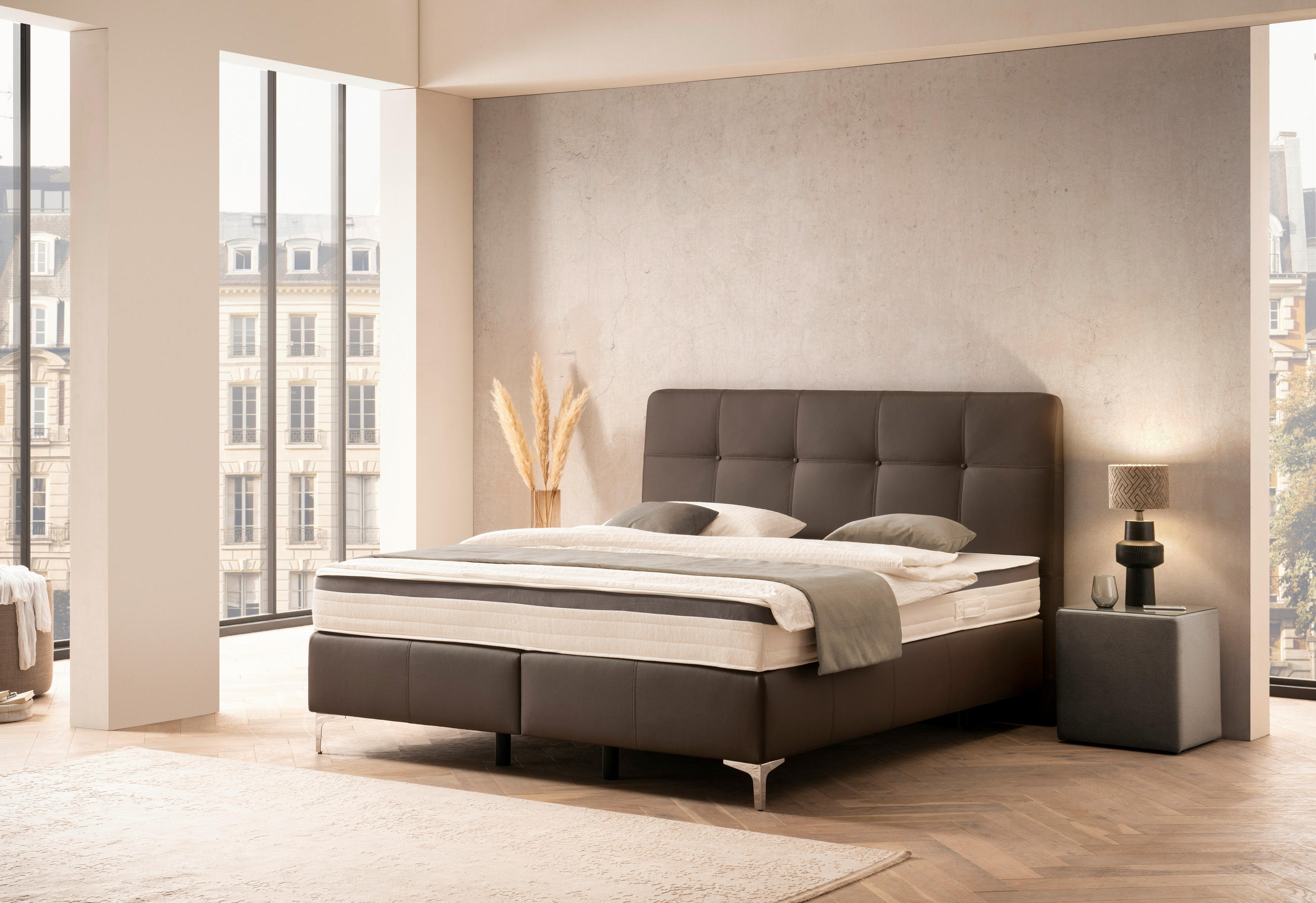 Thumbnail - Novel Boxspringbett, Braun, Textil, Kombination Echtleder/Lederlook, Rindleder, Fichte, Sperrholz, H2 + H3, 7-Zonen, Höh...