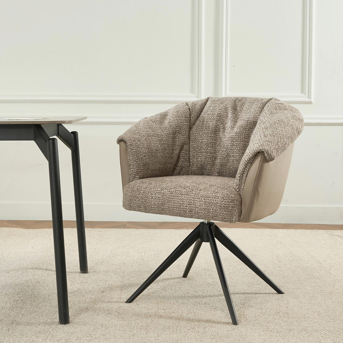 ARMLEHNSTUHL , Stoffauswahl, Sitzfläche 180° drehbar , Webstoff  - Taupe/Schwarz, Design, Textil/Metall (69/80/68cm) - Novel