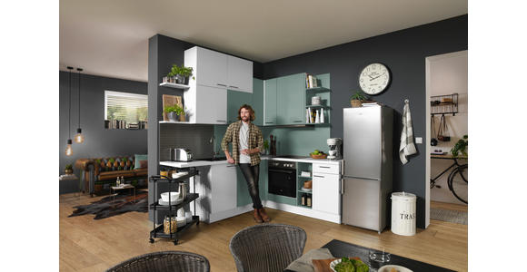 ECKKÜCHE 225/200 cm  in Weiß, Hellblau, Hellgrün  - Edelstahlfarben/Pastellblau, Design, Holzwerkstoff/Metall (225/200cm) - Xora