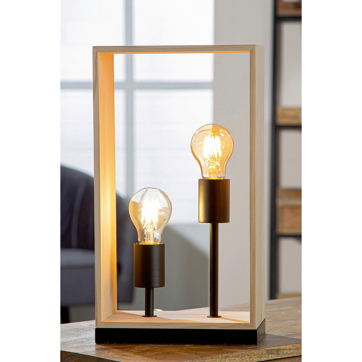 TISCHLEUCHTE Scatola   - Hellbraun/Schwarz, Basics, Holz/Metall (22/40/12cm)