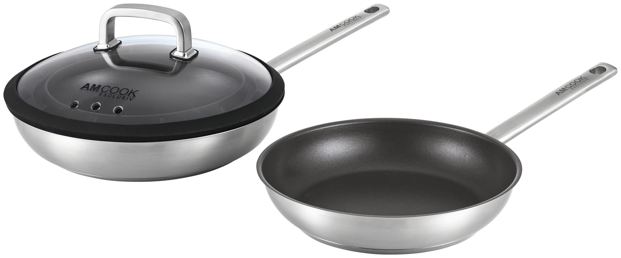 PFANNENSET SENNA S3 PLUS Edelstahl 3-teilig  - Edelstahlfarben/Schwarz, Basics, Glas/Metall (24-28cm) - Am Cook