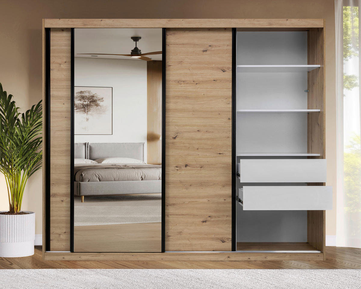 SCHIEBETÜRENSCHRANK 250/215/59,5 cm 3-türig  - Schwarz/Weiß, MODERN, Holzwerkstoff/Metall (250/215/59,5cm) - MID.YOU