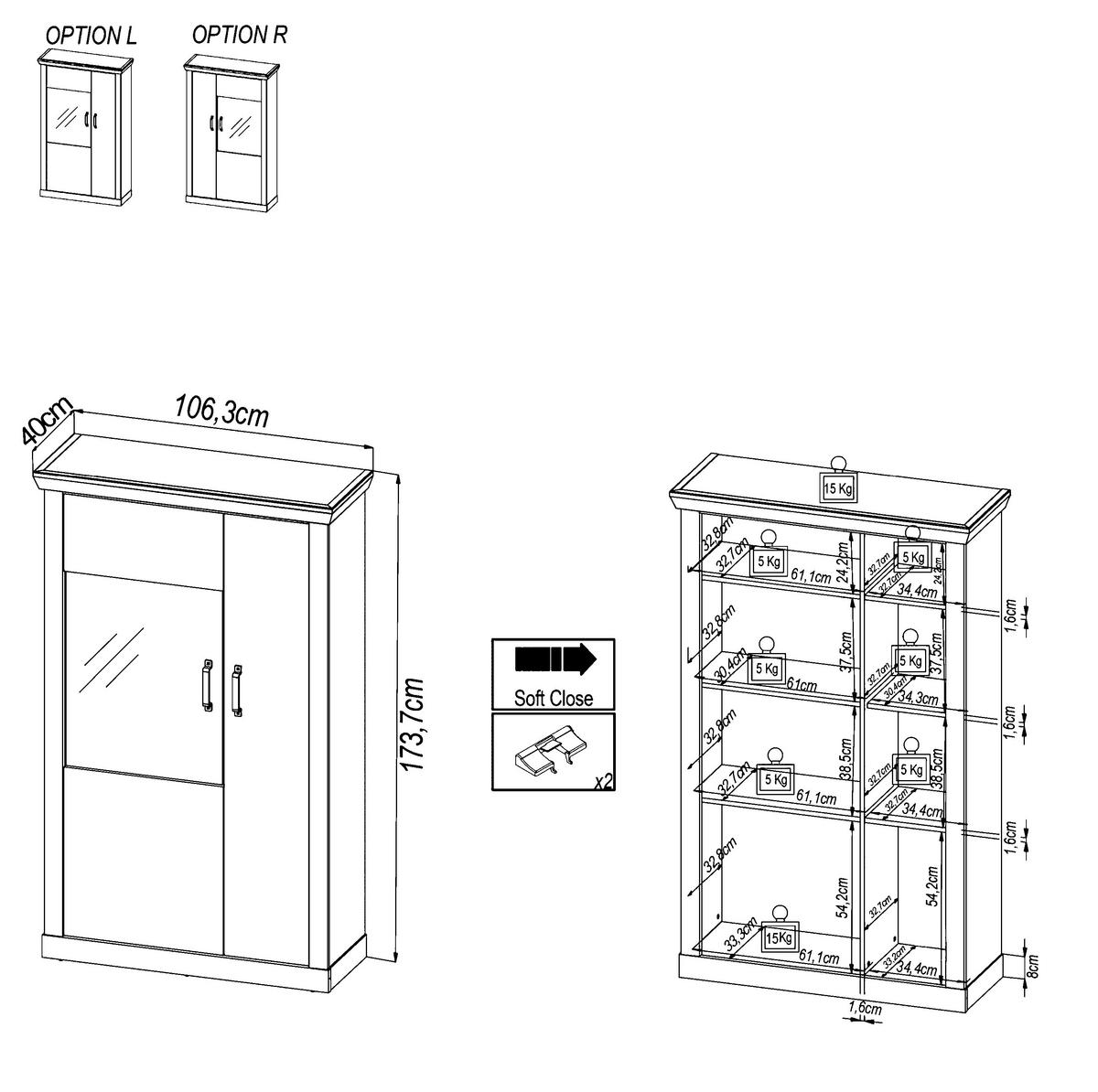 VITRÍNA, antracitová, farba duba, 106,3/173,7/40 cm - čierna/farba duba, Konventionell, kompozitné drevo/plast (106,3/173,7/40cm) - Livetastic