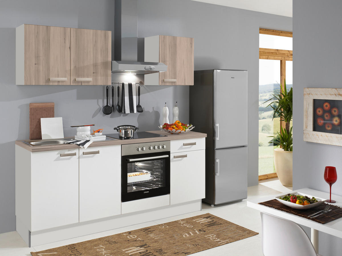 KÜCHENBLOCK 200 cm   in Weiß, Eichefarben  - Edelstahlfarben/Eichefarben, KONVENTIONELL, Holzwerkstoff/Metall (200cm) - Xora