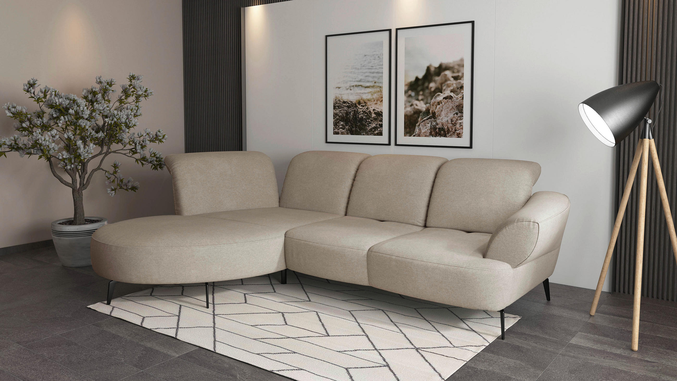 ECKSOFA DANCE E Beige Mikrofaser  - Beige/Schwarz, MODERN, Textil/Metall (208/313cm) - Sit & More