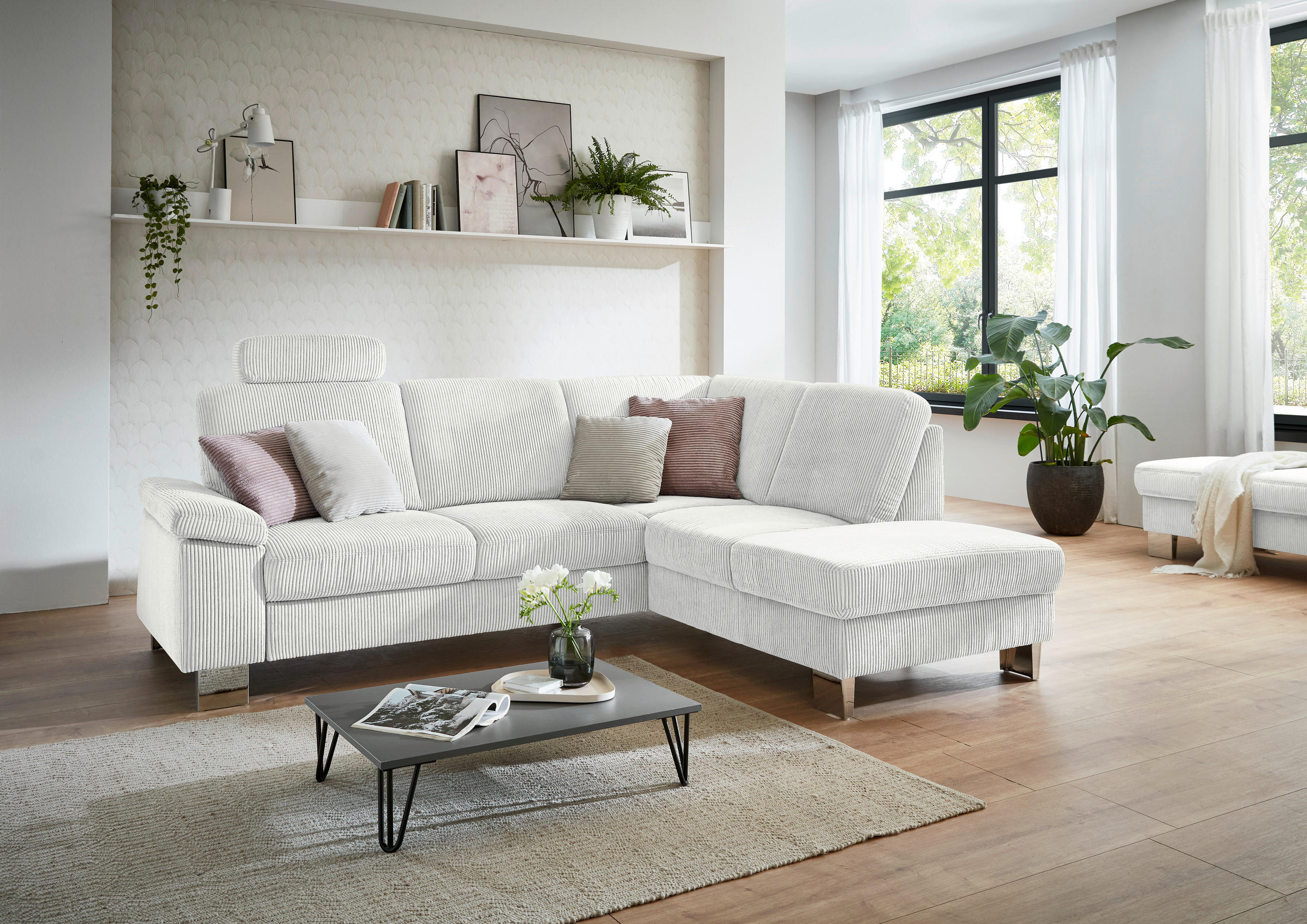 ECKSOFA in Cord Ecru  - Ecru/Edelstahlfarben, Konventionell, Textil/Metall (248/200cm) - Beldomo System