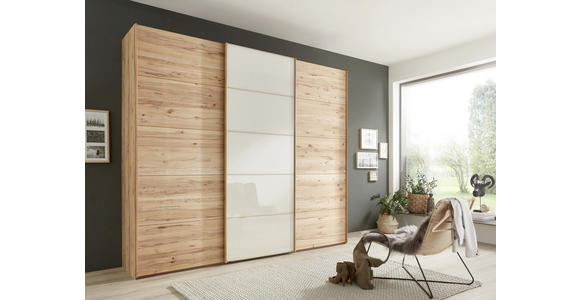 SCHWEBETÜRENSCHRANK 250/217/67 cm 3-türig Buchefarben, Champagner - Champagner/Buchefarben, Natur, Glas/Holz (250/217/67cm) - Linea Natura