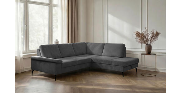 ECKSOFA Anthrazit Velours Bettkasten, Sitzvorzug  - Anthrazit/Schwarz, KONVENTIONELL, Textil/Metall (253/206cm) - Venda